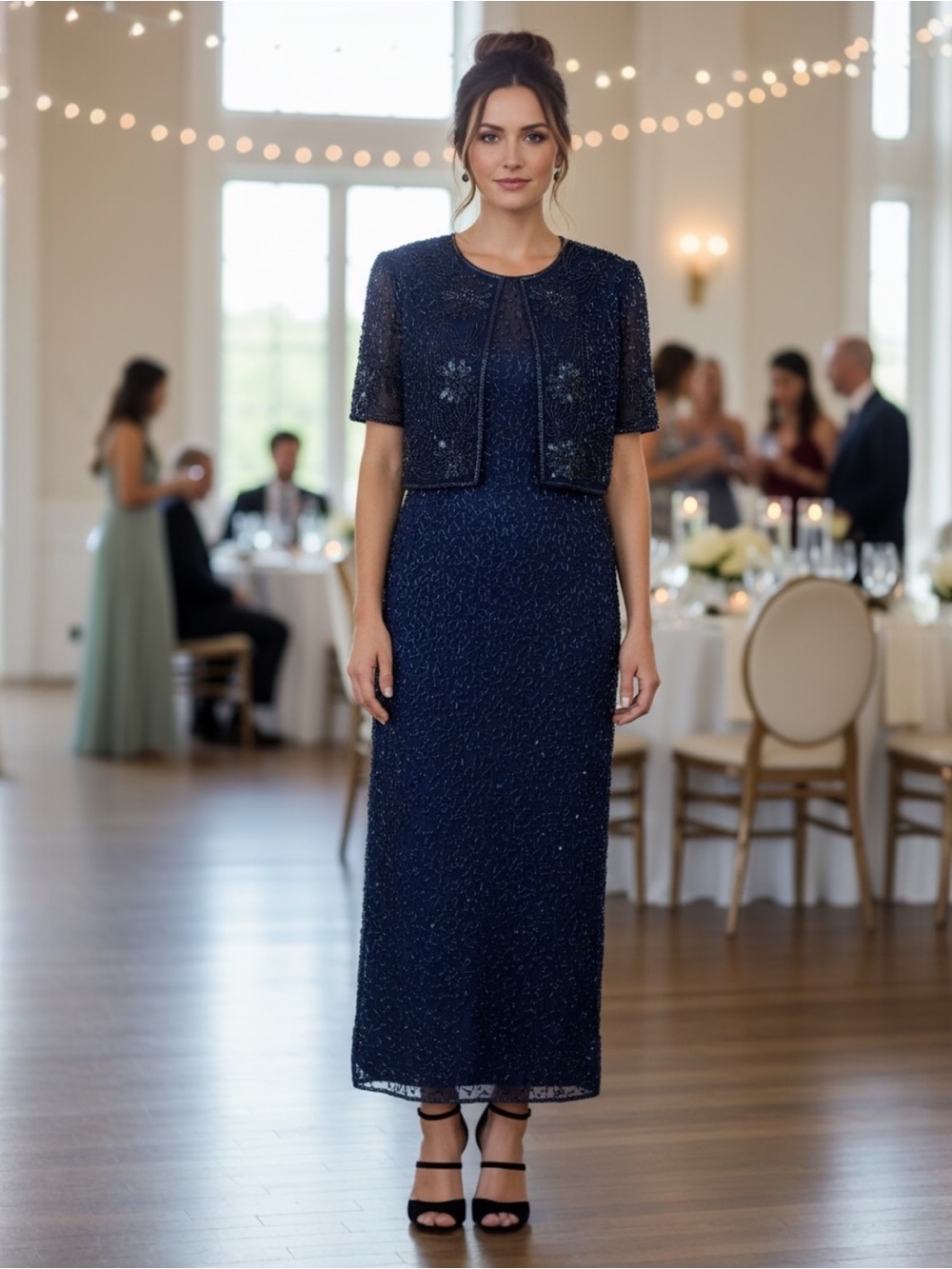 Vintage Laurence Kazar  Navy Beaded Formal Maxi Dress with Cropped Jacket